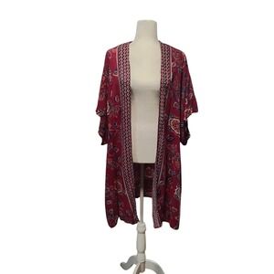 Angie Womens Burgundy Red Floral Kimono Cardigan Lightweight Boho Breezy Flowy M